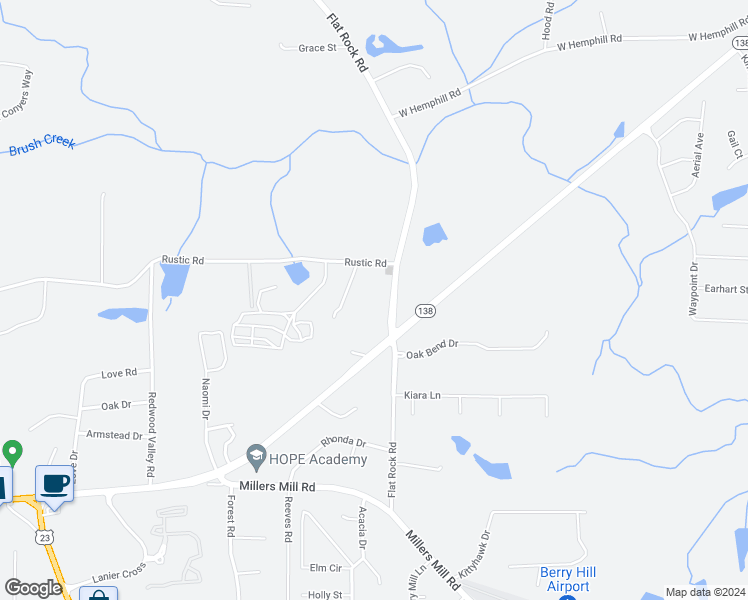 map of restaurants, bars, coffee shops, grocery stores, and more near 293 Flat Rock Road in Stockbridge