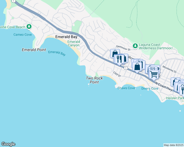 map of restaurants, bars, coffee shops, grocery stores, and more near 203 Crescent Bay Drive in Laguna Beach