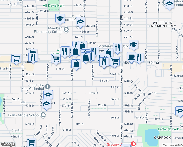 map of restaurants, bars, coffee shops, grocery stores, and more near 5020 Kenosha Avenue in Lubbock