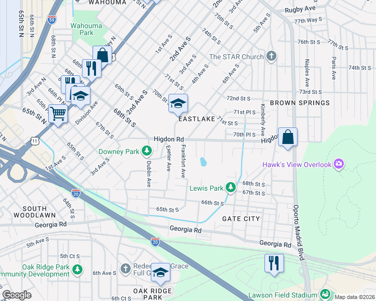 map of restaurants, bars, coffee shops, grocery stores, and more near 6911 Higdon Road in Birmingham