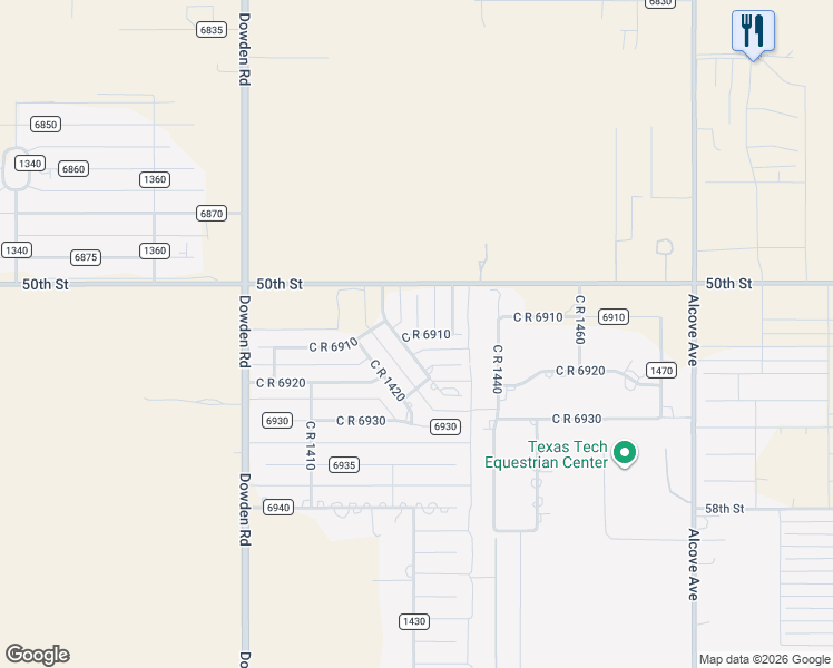 map of restaurants, bars, coffee shops, grocery stores, and more near 8408 C R 6910 in Lubbock
