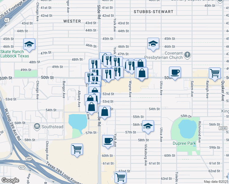map of restaurants, bars, coffee shops, grocery stores, and more near 5022 52nd Street in Lubbock