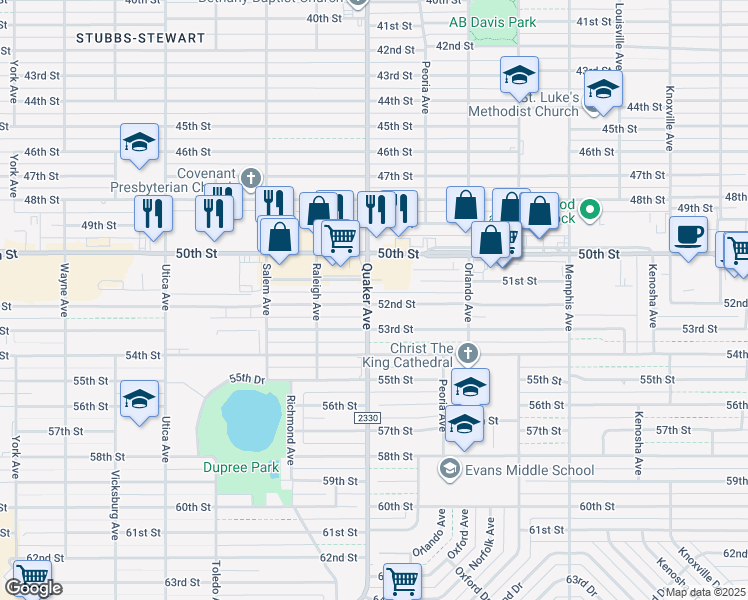 map of restaurants, bars, coffee shops, grocery stores, and more near 4404 52nd Street in Lubbock