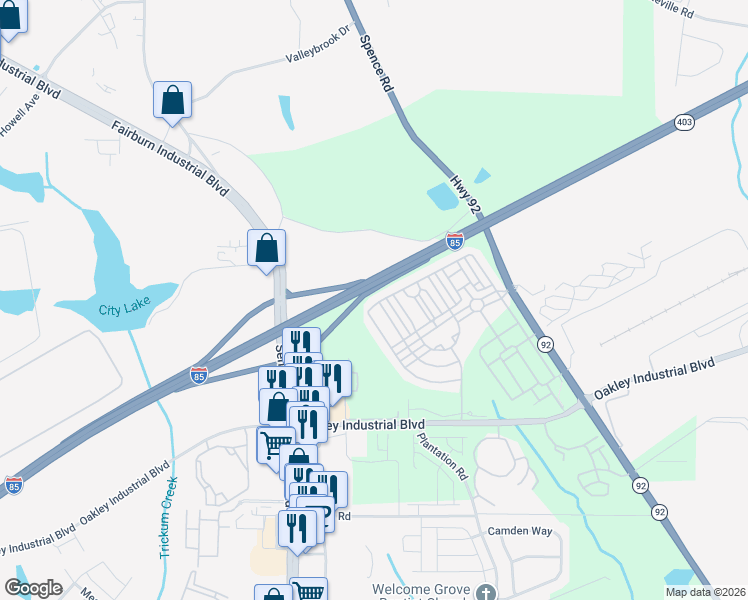 map of restaurants, bars, coffee shops, grocery stores, and more near 5655 Radford Loop in Fairburn