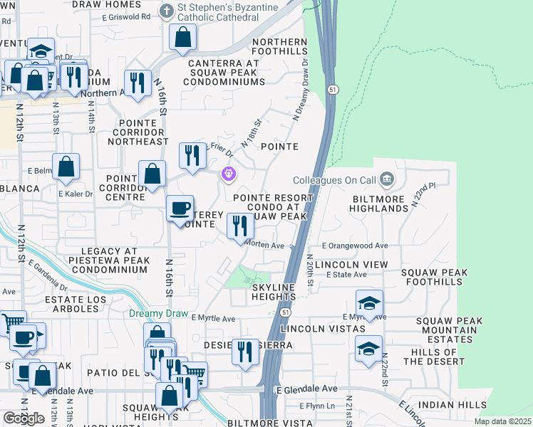 map of restaurants, bars, coffee shops, grocery stores, and more near 7557 North Dreamy Draw Drive in Phoenix