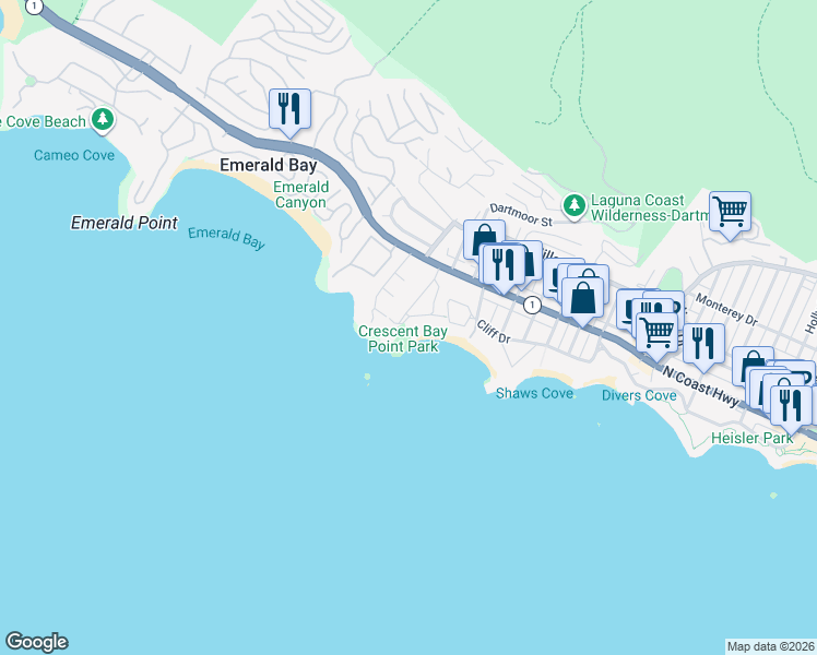 map of restaurants, bars, coffee shops, grocery stores, and more near 245 Crescent Bay Drive in Laguna Beach