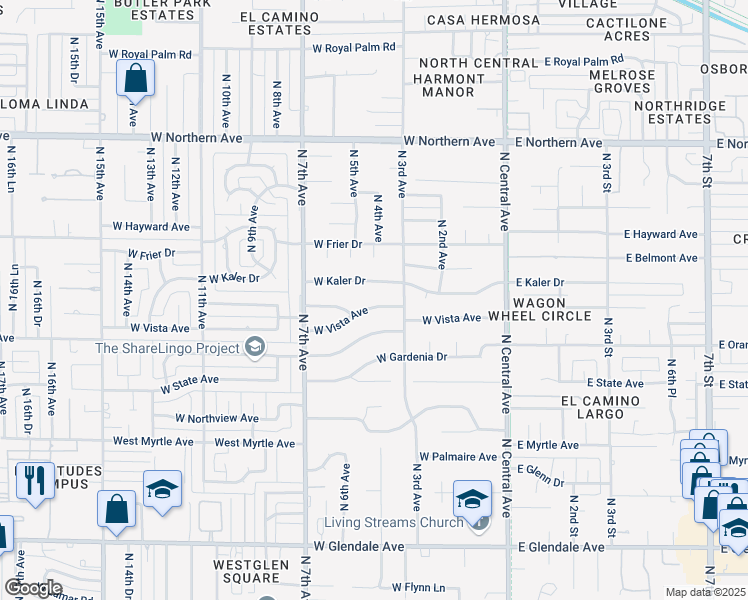 map of restaurants, bars, coffee shops, grocery stores, and more near 343 West Kaler Drive in Phoenix