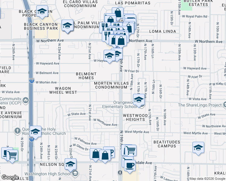 map of restaurants, bars, coffee shops, grocery stores, and more near 1935 West Morten Avenue in Phoenix