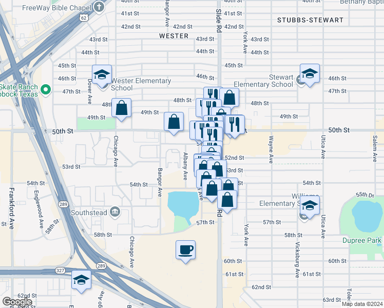 map of restaurants, bars, coffee shops, grocery stores, and more near 5217 51st Street in Lubbock