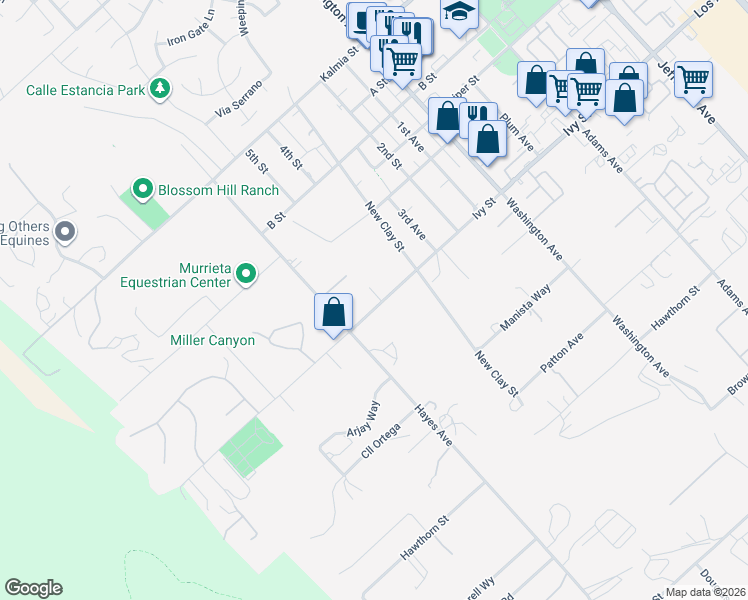 map of restaurants, bars, coffee shops, grocery stores, and more near 42405 Ivy Street in Murrieta