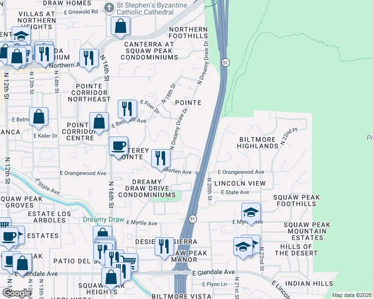 map of restaurants, bars, coffee shops, grocery stores, and more near 7557 North Dreamy Draw Drive in Phoenix