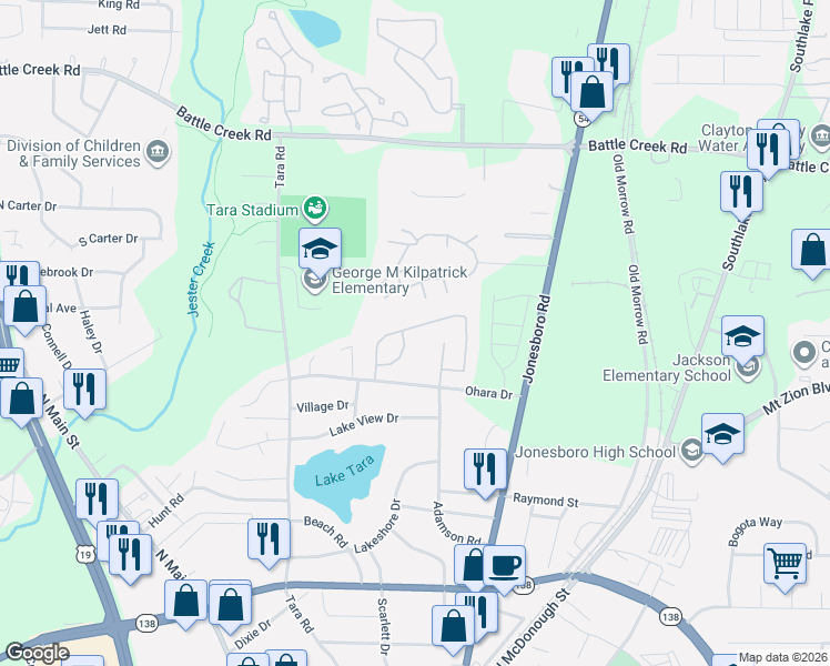 map of restaurants, bars, coffee shops, grocery stores, and more near 7559 Garnet Drive in Jonesboro