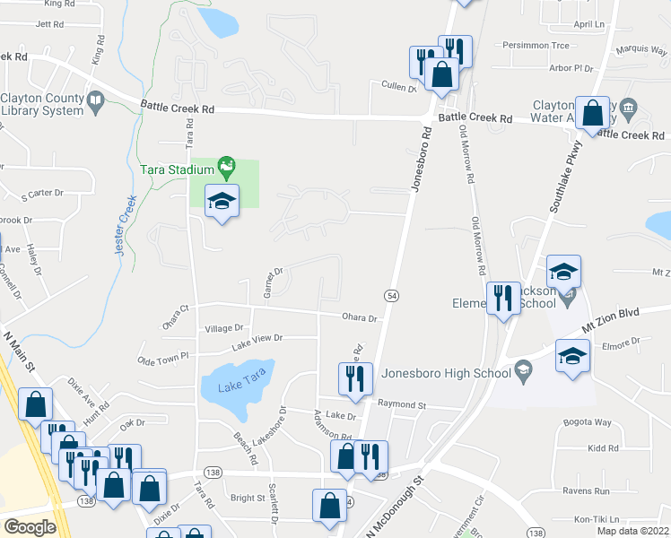 map of restaurants, bars, coffee shops, grocery stores, and more near 7456 Garnet Drive in Jonesboro