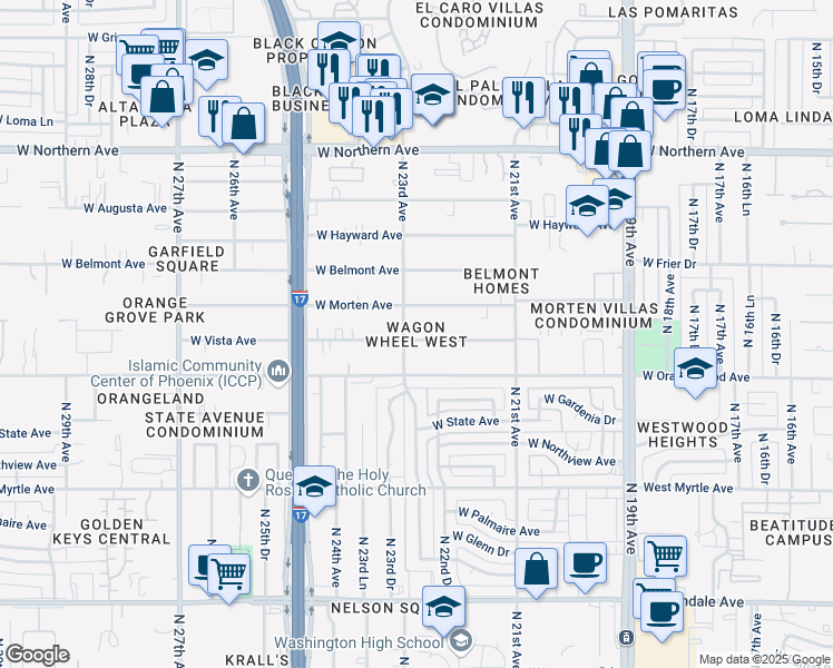 map of restaurants, bars, coffee shops, grocery stores, and more near 7538 North 23rd Avenue in Phoenix