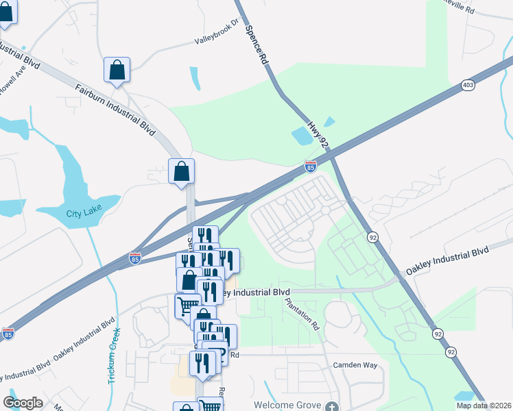 map of restaurants, bars, coffee shops, grocery stores, and more near 5655 Radford Loop in Fairburn