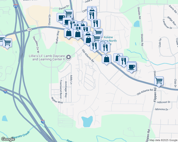 map of restaurants, bars, coffee shops, grocery stores, and more near 3005 Eastwood Village Drive in Stockbridge