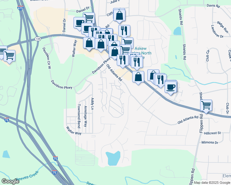 map of restaurants, bars, coffee shops, grocery stores, and more near 3005 Eastwood Village Drive in Stockbridge