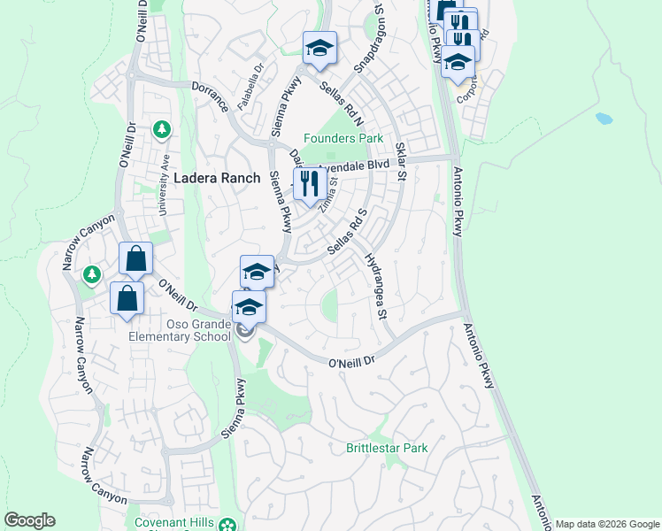 map of restaurants, bars, coffee shops, grocery stores, and more near 14 Tuberose Street in Ladera Ranch