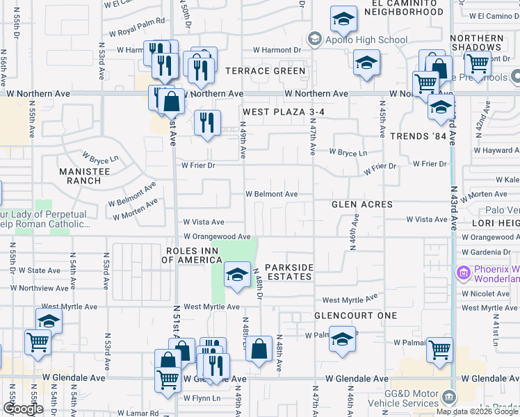 map of restaurants, bars, coffee shops, grocery stores, and more near 4843 West Belmont Avenue in Glendale