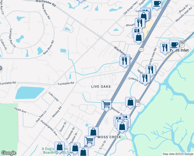 map of restaurants, bars, coffee shops, grocery stores, and more near 4653 Wesley Road in Murrells Inlet