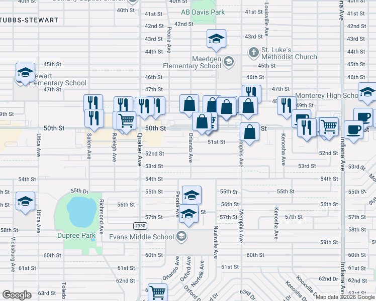 map of restaurants, bars, coffee shops, grocery stores, and more near 4201 51st Street in Lubbock