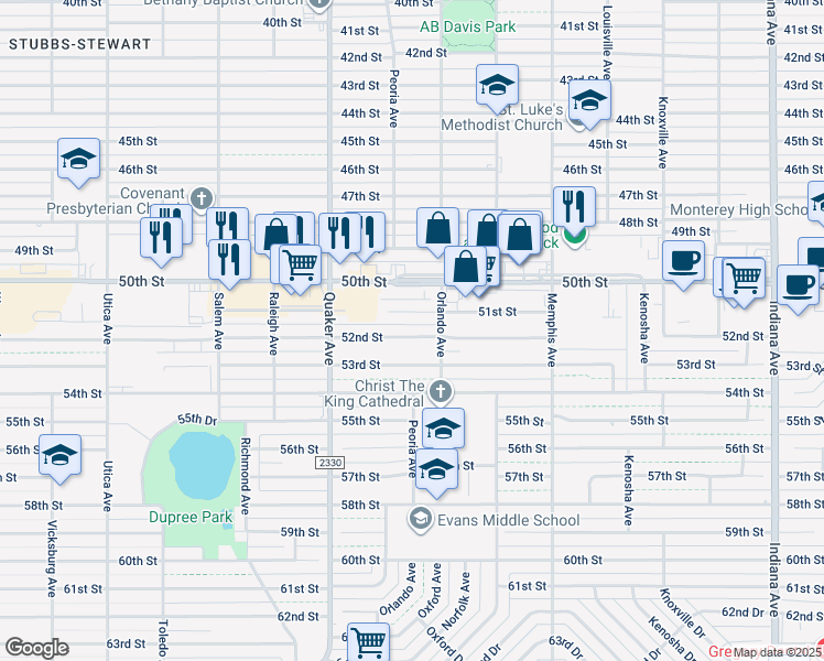 map of restaurants, bars, coffee shops, grocery stores, and more near 4217 51st Street in Lubbock