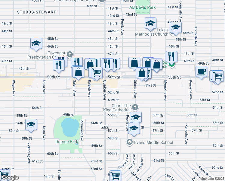map of restaurants, bars, coffee shops, grocery stores, and more near 4312 52nd Street in Lubbock