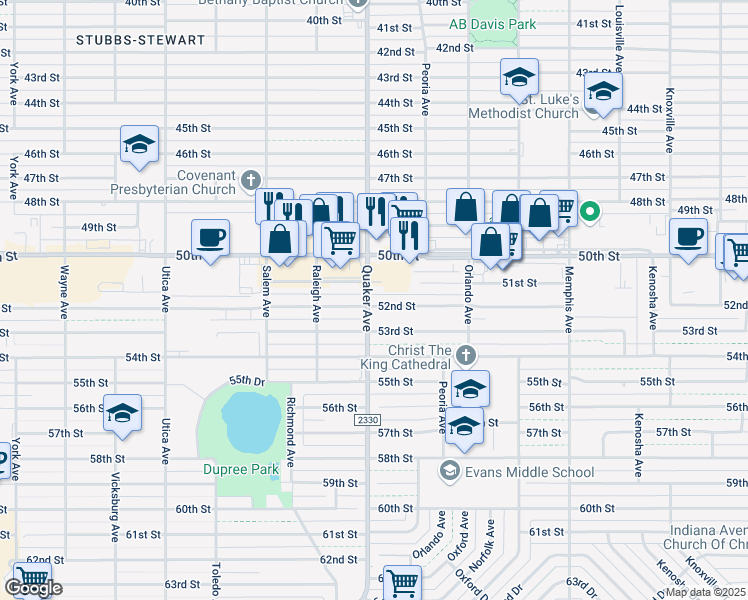 map of restaurants, bars, coffee shops, grocery stores, and more near 4404 52nd Street in Lubbock