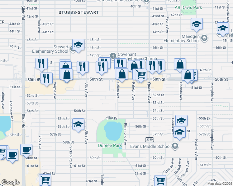 map of restaurants, bars, coffee shops, grocery stores, and more near 5102 Salem Avenue in Lubbock