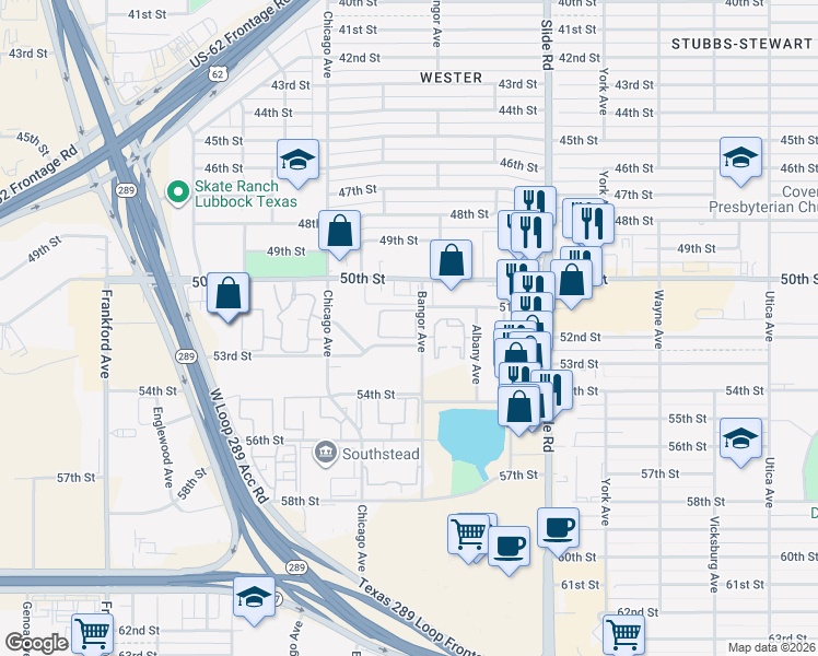 map of restaurants, bars, coffee shops, grocery stores, and more near 5202 Bangor Avenue in Lubbock