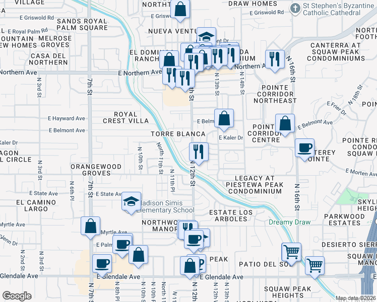 map of restaurants, bars, coffee shops, grocery stores, and more near 7550 North 12th Street in Phoenix