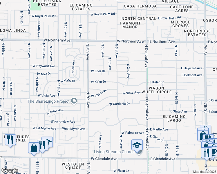 map of restaurants, bars, coffee shops, grocery stores, and more near 343 West Kaler Drive in Phoenix