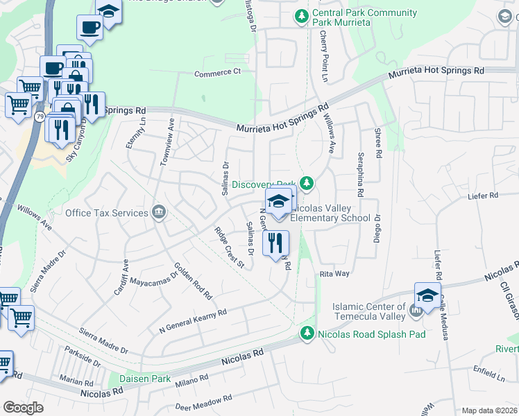 map of restaurants, bars, coffee shops, grocery stores, and more near 30475 Mendocino Way in Murrieta