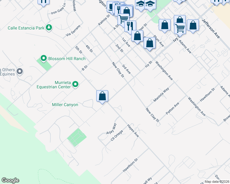 map of restaurants, bars, coffee shops, grocery stores, and more near 42405 Ivy Street in Murrieta