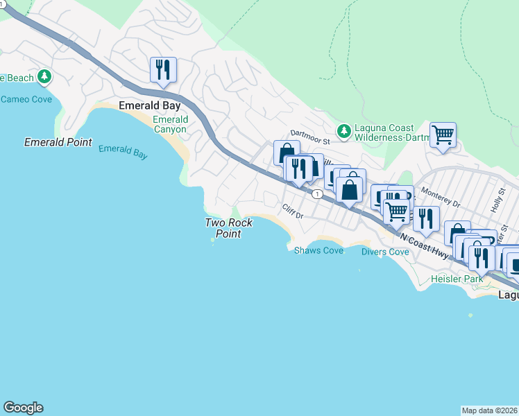 map of restaurants, bars, coffee shops, grocery stores, and more near 287 Crescent Bay Drive in Laguna Beach