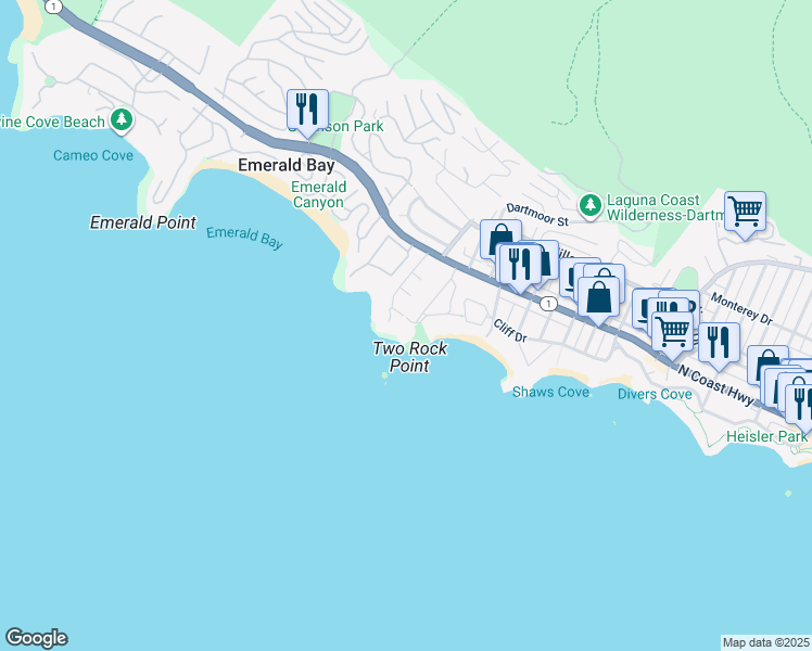 map of restaurants, bars, coffee shops, grocery stores, and more near 189 Crescent Bay Drive in Laguna Beach