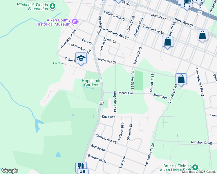 map of restaurants, bars, coffee shops, grocery stores, and more near 627 Magnolia Street Southeast in Aiken