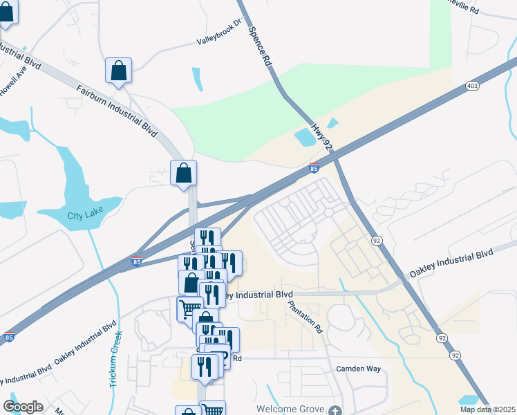 map of restaurants, bars, coffee shops, grocery stores, and more near 5655 Radford Loop in Fairburn