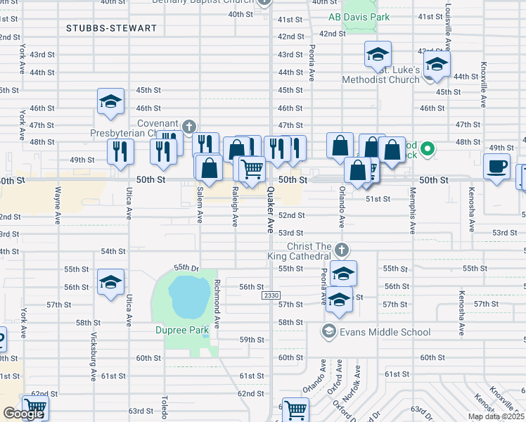 map of restaurants, bars, coffee shops, grocery stores, and more near 4404 52nd Street in Lubbock