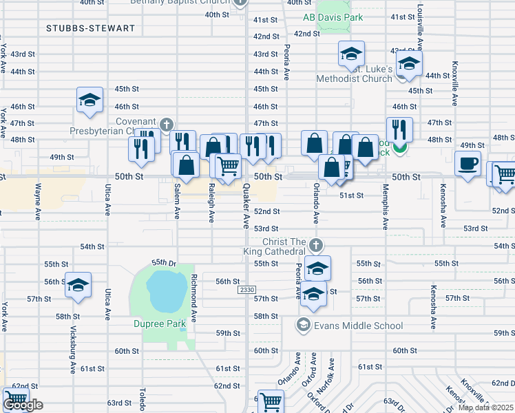 map of restaurants, bars, coffee shops, grocery stores, and more near 4312 52nd Street in Lubbock