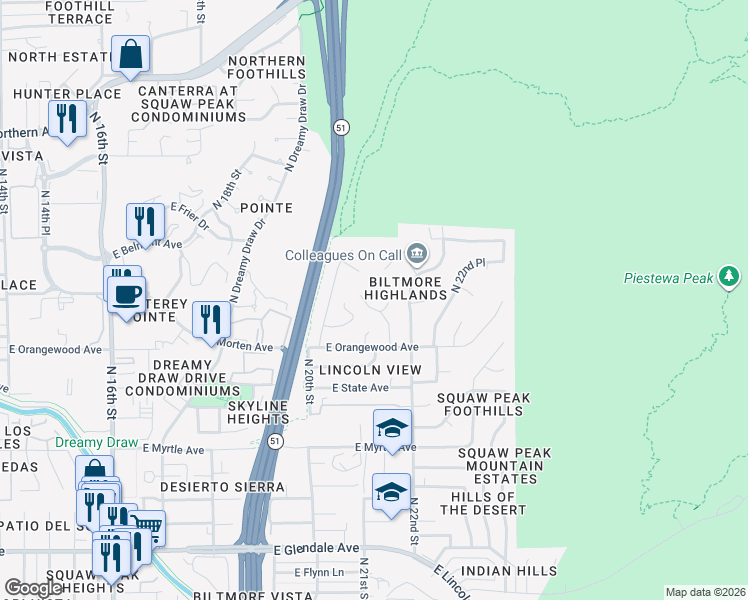 map of restaurants, bars, coffee shops, grocery stores, and more near 2106 East Kaler Drive in Phoenix
