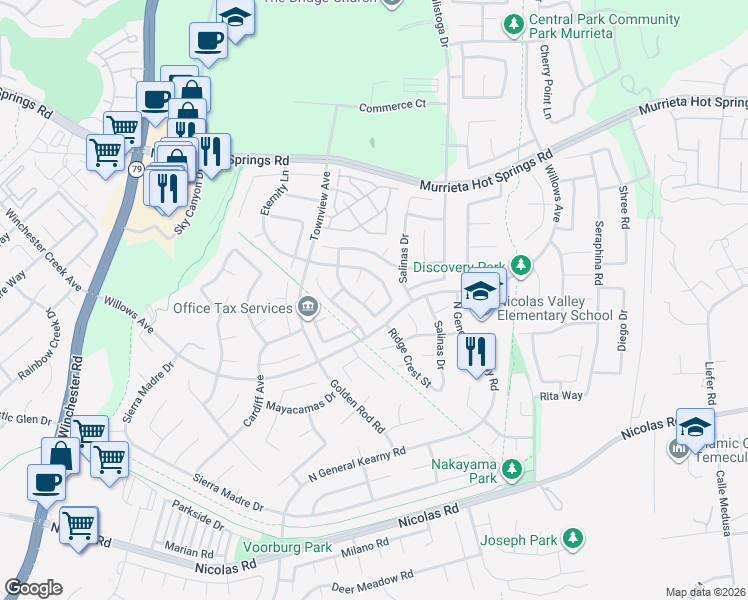map of restaurants, bars, coffee shops, grocery stores, and more near 39496 Heatherstone Court in Murrieta