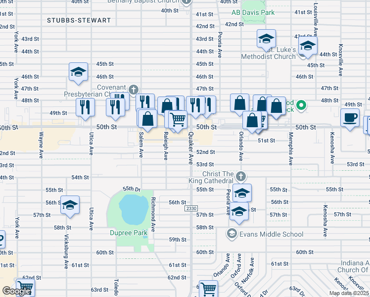 map of restaurants, bars, coffee shops, grocery stores, and more near 4404 52nd Street in Lubbock