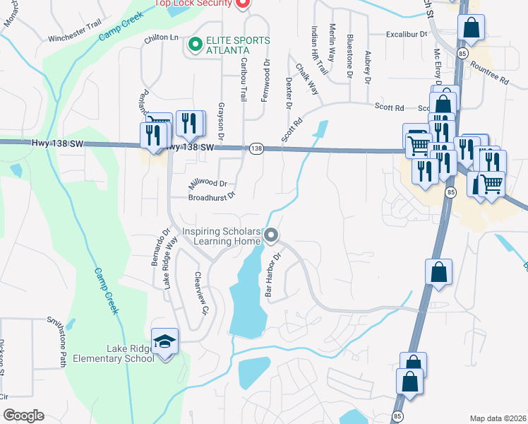 map of restaurants, bars, coffee shops, grocery stores, and more near 1107 Briar Cove Court in Riverdale