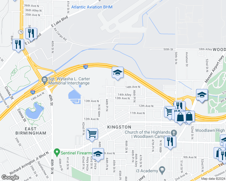 map of restaurants, bars, coffee shops, grocery stores, and more near 1320 45th Street North in Birmingham