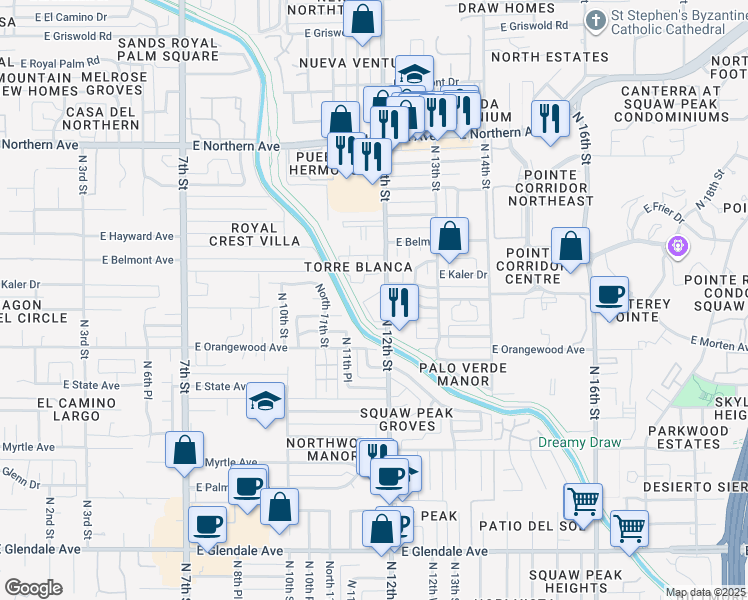 map of restaurants, bars, coffee shops, grocery stores, and more near 7550 North 12th Street in Phoenix