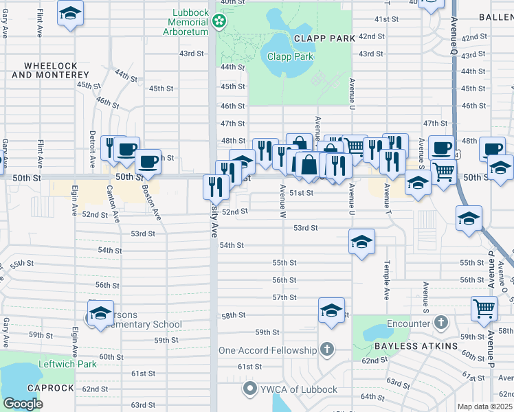 map of restaurants, bars, coffee shops, grocery stores, and more near 2314 52nd Street in Lubbock