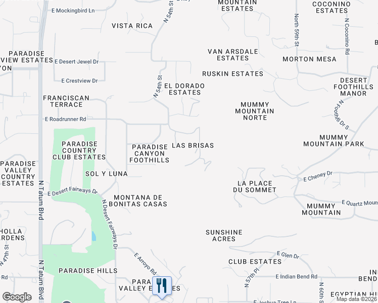 map of restaurants, bars, coffee shops, grocery stores, and more near 5525 East Roadrunner Road in Paradise Valley