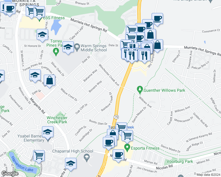 map of restaurants, bars, coffee shops, grocery stores, and more near 39323 Springtime Drive in Temecula