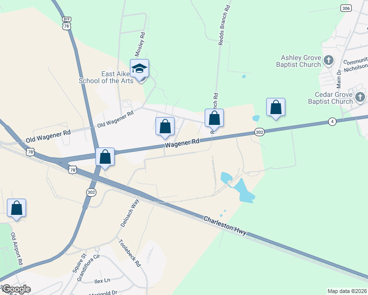 map of restaurants, bars, coffee shops, grocery stores, and more near 2530-2536 Wagener Road in Aiken